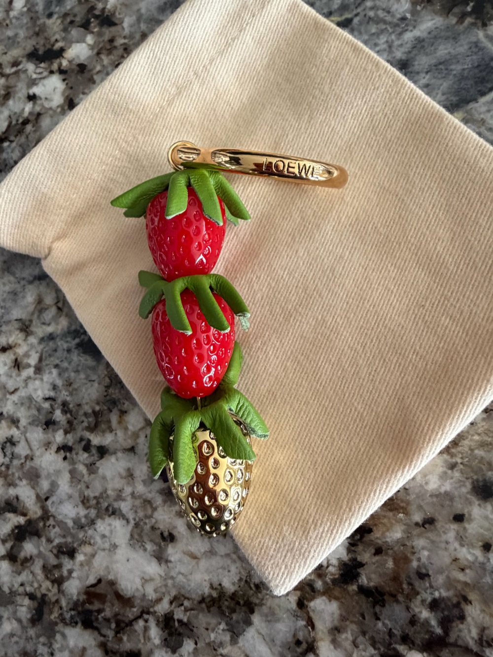 LOEWE Red Strawberry Trio Key Holder Charm with Green Leaves